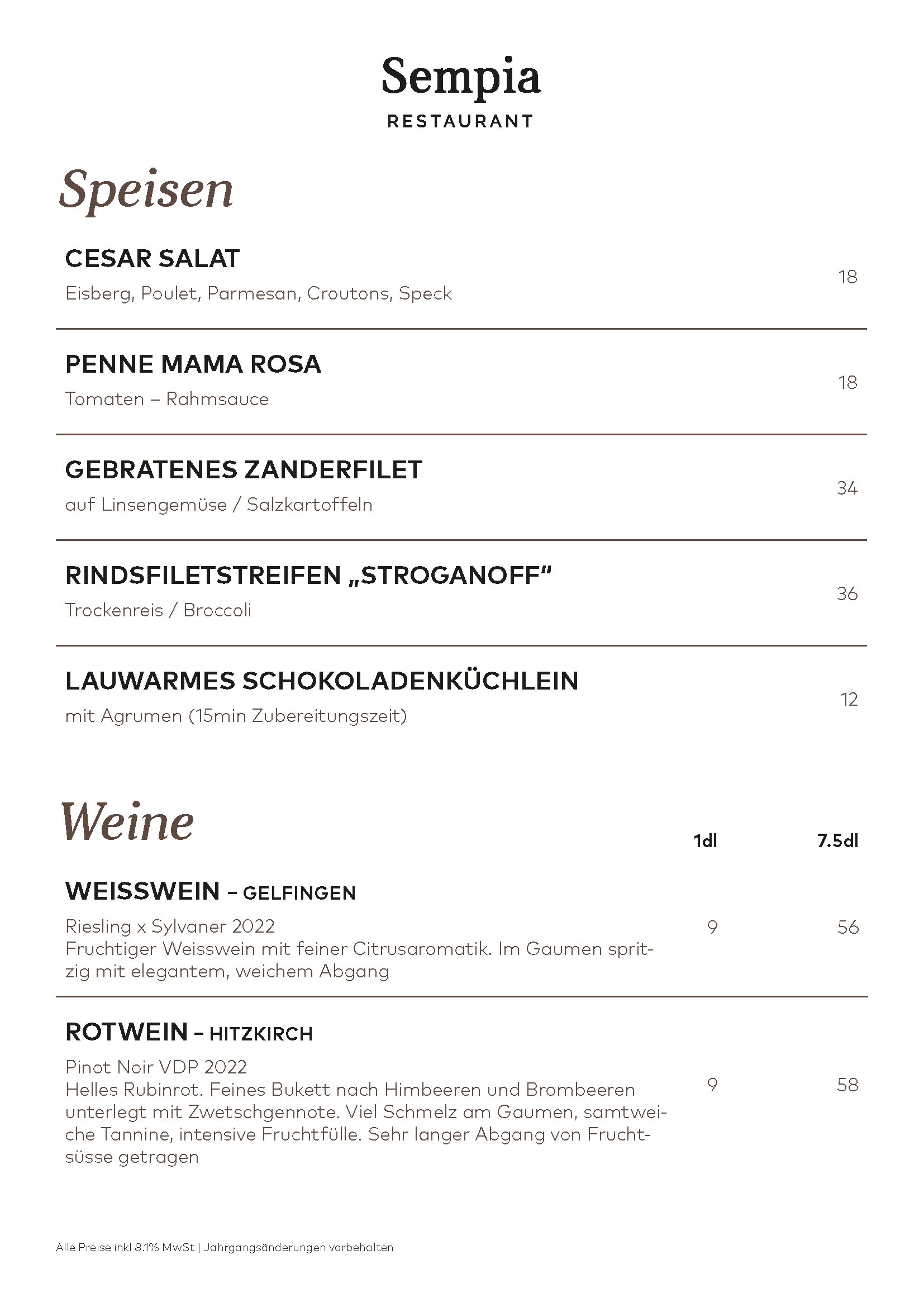 Sempia menu card